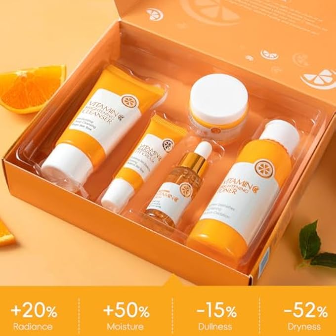 STRBOXONG 5 PIECE VITAMIN C SKINCARE SET, MOISTURIZING FACE SKIN CARE KIT WITH FACIAL CLEANSER, FACE SERUM, FACE CREAM, EYE CREAM, TONER FOR HYDRATING SKIN, ANTI-AGING SKINCARE GIFT SET FOR TEENAGE GIRLS - Image 3